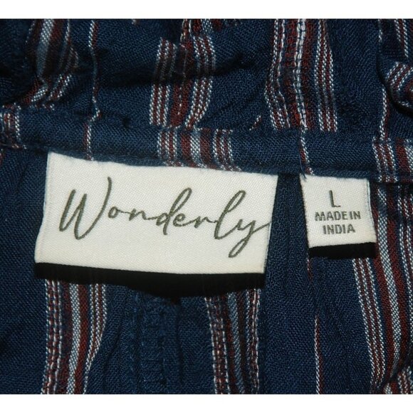 Wonderly Blue Striped Peplum Blouse Top Size L Ruffle Neckline Keyhole Neckline - Picture 9 of 11